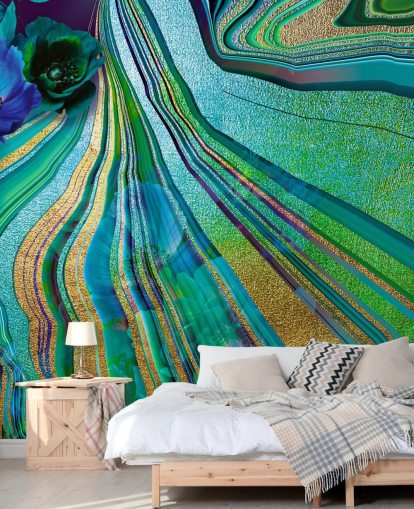 groene en blauwe bloemen en marmeren behang