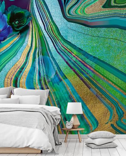 papel pintado de mármol y flores verdes y azules