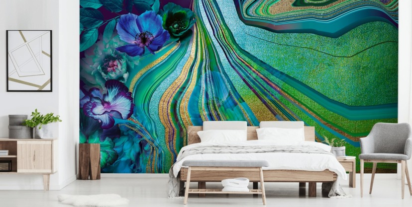 groene en blauwe bloemen en marmeren behang groene en blauwe bloemen en marmeren behang