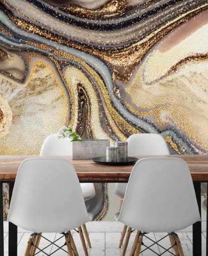 guld, brun och benvit anpassningsbar geodetapetväggmålning kallad Creamy Caramel Geode av Lara Skinner för kök