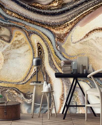 mural de papel de parede de geodo personalizável dourado, marrom e esbranquiçado chamado Creamy Caramel Geode de de Lara Skinner para cozinhas