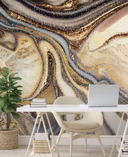 mural de papel pintado de geodas personalizable dorado, marrón y blanquecino llamado Creamy Caramel Geode de Lara Skinner para cocinas