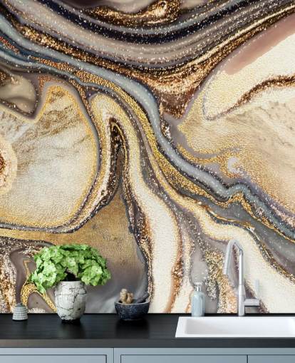 gold, brown and off-white customizable geode wallpaper mural called Creamy Caramel Geode by Lara Skinner for kitchens