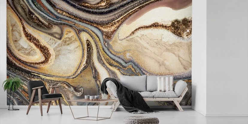 gouden, bruine en gebroken witte aanpasbare geodebehangmuurschildering genaamd Creamy Caramel Geode van Lara Skinner voor keukens gouden, bruine en gebroken witte aanpasbare geodebehangmuurschildering genaamd Creamy Caramel Geode van Lara Skinner voor keukens