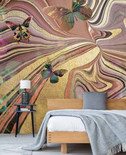 goudgevleugelde vlinders op paars, roze en goud geode behang