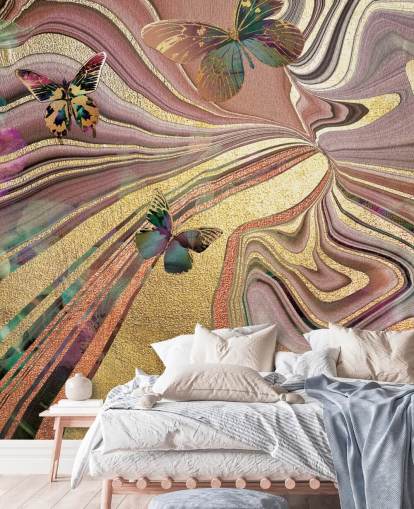 gold winged butterflies on purple, pink and gold geode wallpaper