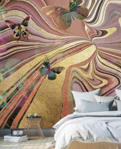 gold winged butterflies on purple, pink and gold geode wallpaper
