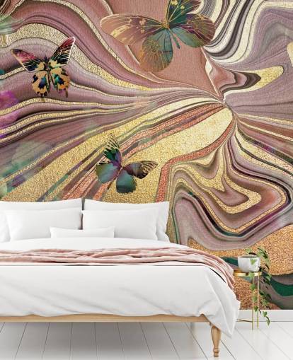gold winged butterflies on purple, pink and gold geode wallpaper