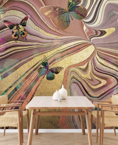 gold winged butterflies on purple, pink and gold geode wallpaper