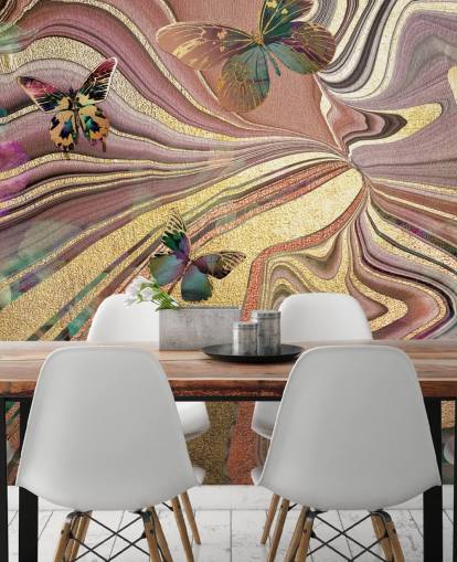 gold winged butterflies on purple, pink and gold geode wallpaper