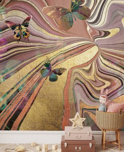 goldgeflügelte Schmetterlinge auf lila, rosa und goldener Geoden-Tapete goldgeflügelte Schmetterlinge auf lila, rosa und goldener Geoden-Tapete