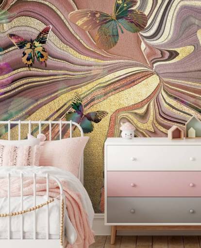 goldgeflügelte Schmetterlinge auf lila, rosa und goldener Geoden-Tapete goldgeflügelte Schmetterlinge auf lila, rosa und goldener Geoden-Tapete