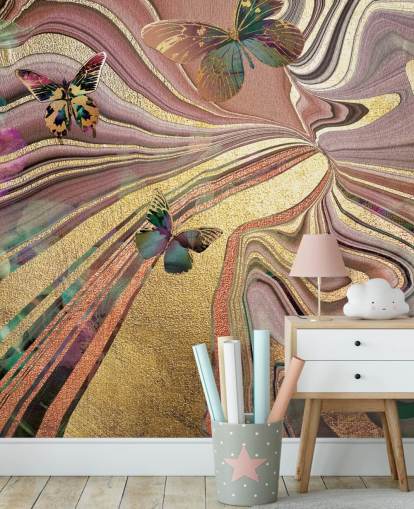 guld vingede sommerfugle på lilla, pink og guld geode tapet