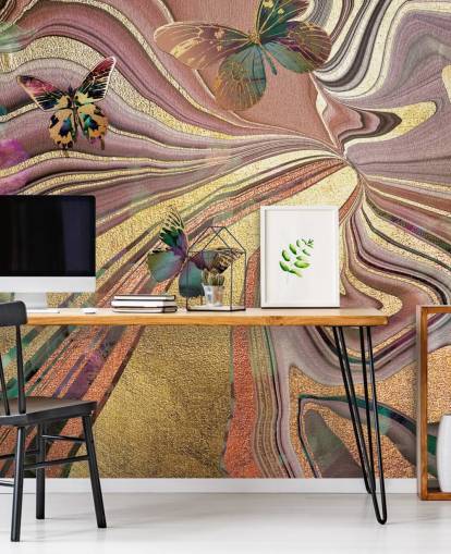 goudgevleugelde vlinders op paars, roze en goud geode behang