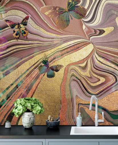 goldgeflügelte Schmetterlinge auf lila, rosa und goldener Geoden-Tapete goldgeflügelte Schmetterlinge auf lila, rosa und goldener Geoden-Tapete