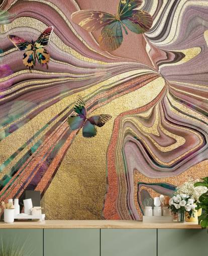 borboletas aladas de ouro em papel de parede geode roxo, rosa e dourado