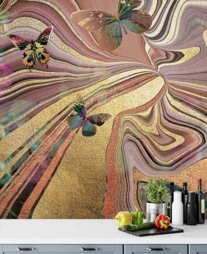gold winged butterflies on purple, pink and gold geode wallpaper