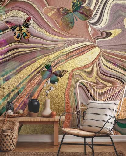 gold winged butterflies on purple, pink and gold geode wallpaper