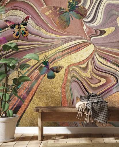 gold winged butterflies on purple, pink and gold geode wallpaper