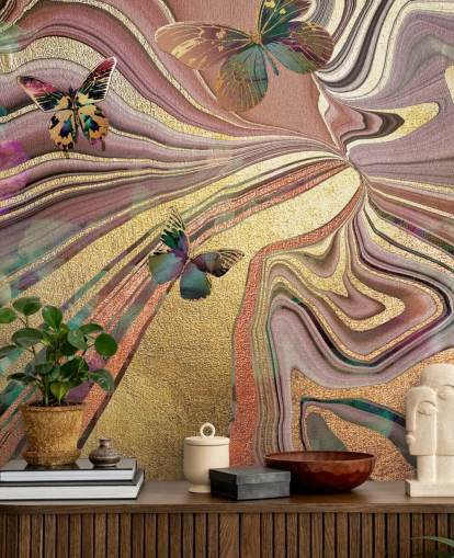 gold winged butterflies on purple, pink and gold geode wallpaper gold winged butterflies on purple, pink and gold geode wallpaper