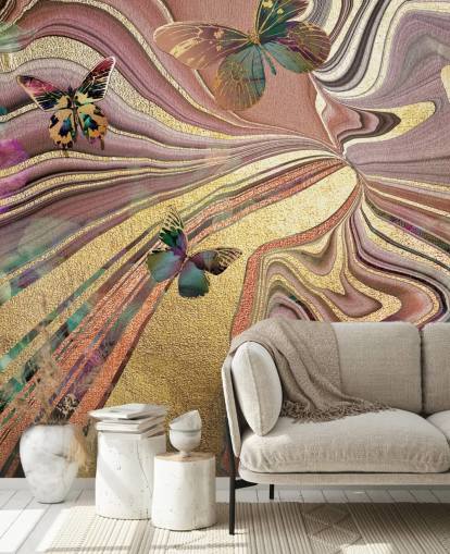 gold winged butterflies on purple, pink and gold geode wallpaper