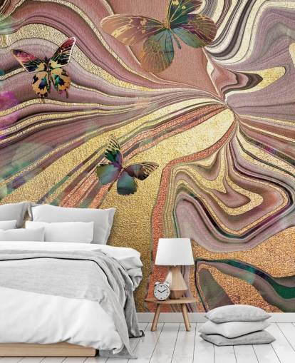 goudgevleugelde vlinders op paars, roze en goud geode behang goudgevleugelde vlinders op paars, roze en goud geode behang