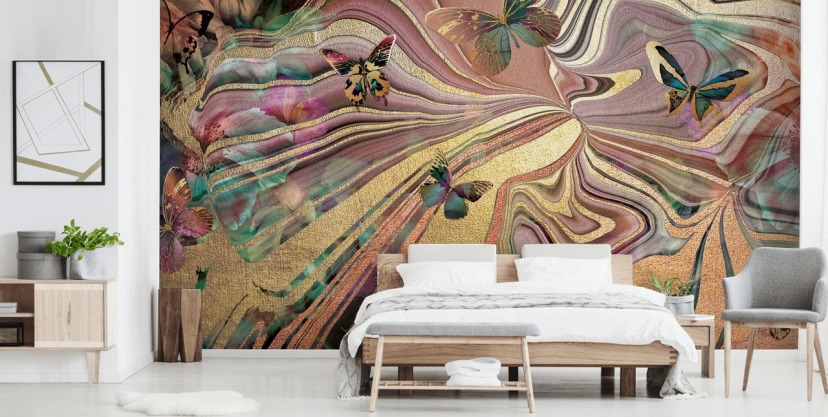 goudgevleugelde vlinders op paars, roze en goud geode behang goudgevleugelde vlinders op paars, roze en goud geode behang