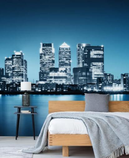 sinivalkoinen Lontoon taivaanranta-seinämaalaus nimeltä Canary Wharf Greenwichistä toimistoihin sinivalkoinen Lontoon taivaanranta-seinämaalaus nimeltä Canary Wharf Greenwichistä toimistoihin