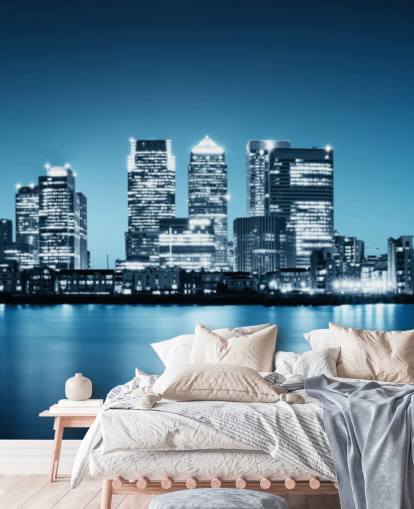 blue and white london skyline wall mural called Canary Wharf from Greenwich for offices