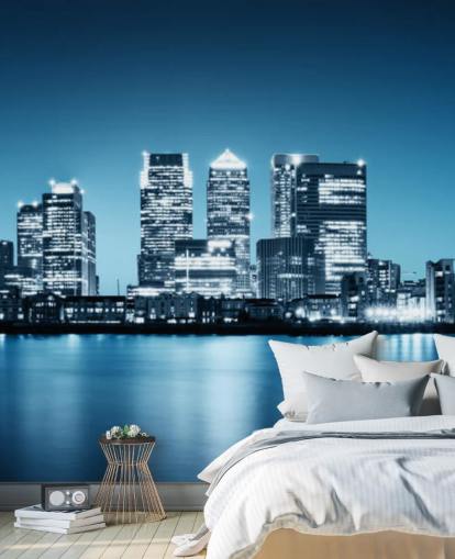 blå och vit london skyline väggmålning som heter Canary Wharf från Greenwich för kontor