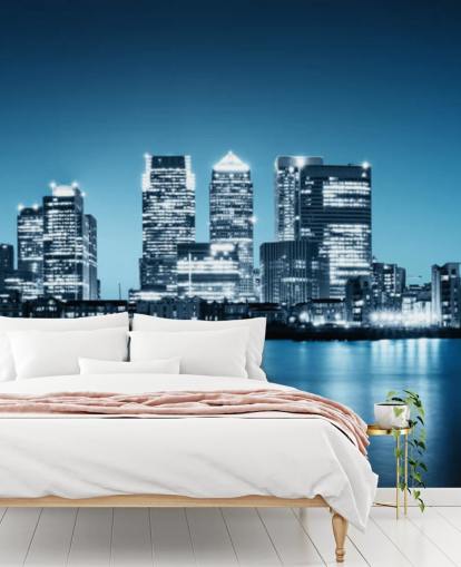 blue and white london skyline wall mural called Canary Wharf from Greenwich for offices