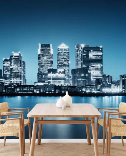 fresque murale bleue et blanche de la ligne d'horizon de Londres appelée Canary Wharf de Greenwich pour les bureaux