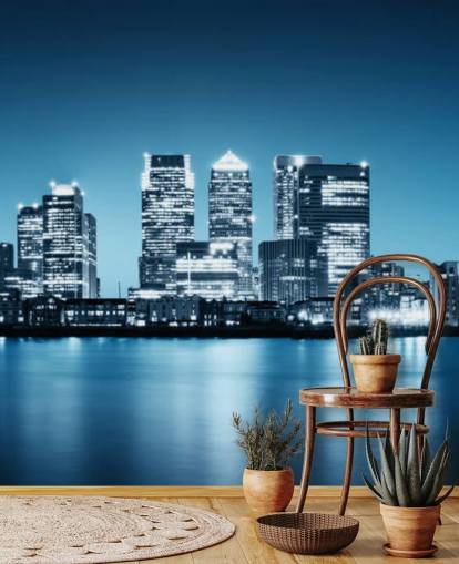 sinivalkoinen Lontoon taivaanranta-seinämaalaus nimeltä Canary Wharf Greenwichistä toimistoihin sinivalkoinen Lontoon taivaanranta-seinämaalaus nimeltä Canary Wharf Greenwichistä toimistoihin