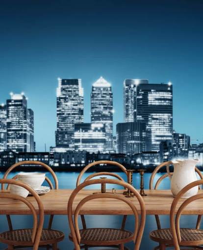 mural de pared azul y blanco del horizonte de Londres llamado Canary Wharf de Greenwich para oficinas