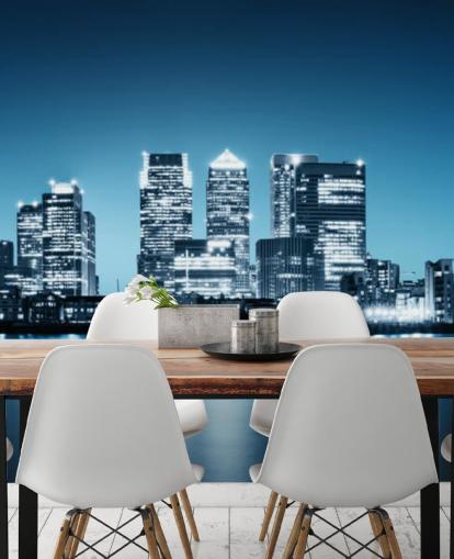 blue and white london skyline wall mural called Canary Wharf from Greenwich for offices