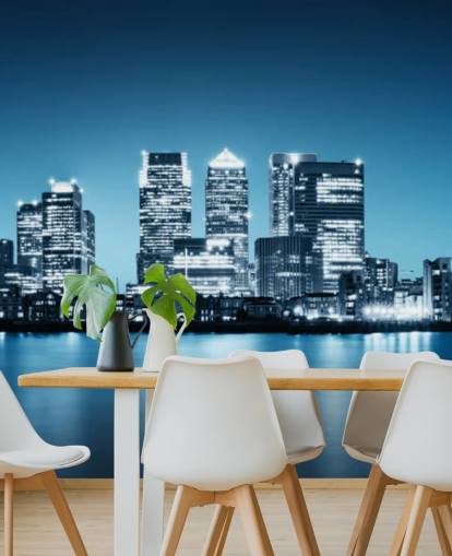 blue and white london skyline wall mural called Canary Wharf from Greenwich for offices blue and white london skyline wall mural called Canary Wharf from Greenwich for offices