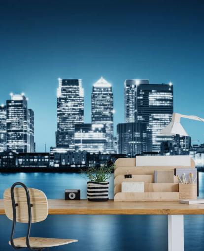 blue and white london skyline wall mural called Canary Wharf from Greenwich for offices
