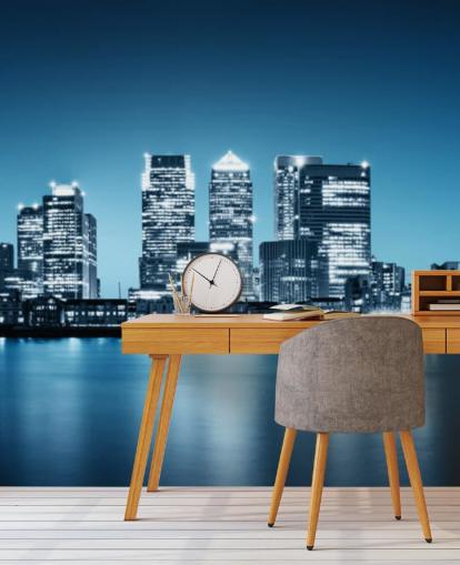 mural de pared azul y blanco del horizonte de Londres llamado Canary Wharf de Greenwich para oficinas