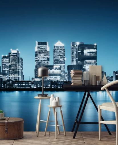 blue and white london skyline wall mural called Canary Wharf from Greenwich for offices