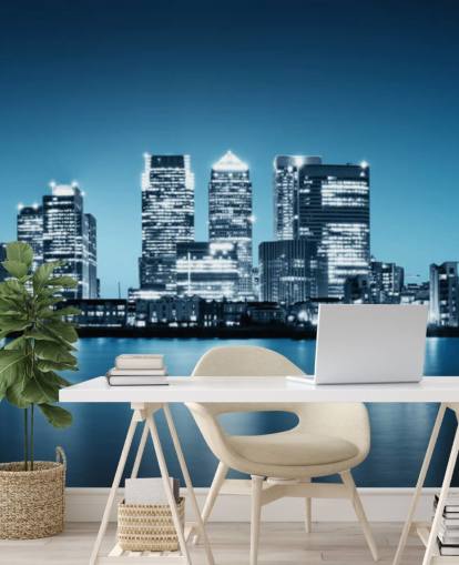 blau-weißes Wandbild der Londoner Skyline namens Canary Wharf aus Greenwich für Büros