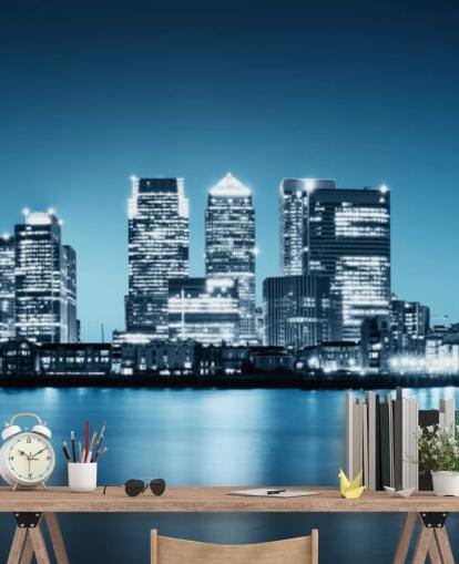 mural de pared azul y blanco del horizonte de Londres llamado Canary Wharf de Greenwich para oficinas