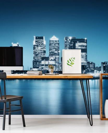 blå och vit london skyline väggmålning som heter Canary Wharf från Greenwich för kontor