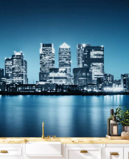 blue and white london skyline wall mural called Canary Wharf from Greenwich for offices