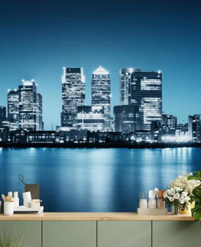 blue and white london skyline wall mural called Canary Wharf from Greenwich for offices