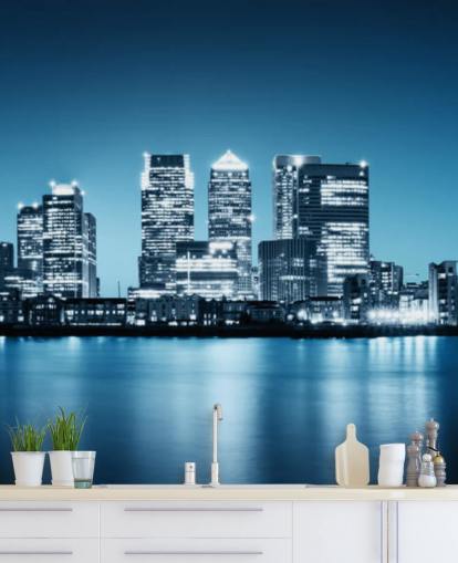 sinivalkoinen Lontoon taivaanranta-seinämaalaus nimeltä Canary Wharf Greenwichistä toimistoihin sinivalkoinen Lontoon taivaanranta-seinämaalaus nimeltä Canary Wharf Greenwichistä toimistoihin