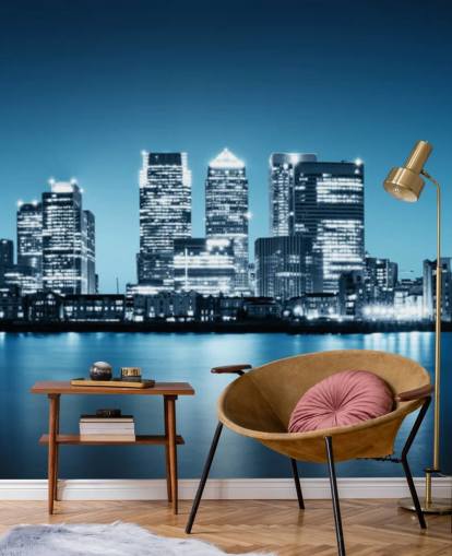 mural de pared azul y blanco del horizonte de Londres llamado Canary Wharf de Greenwich para oficinas