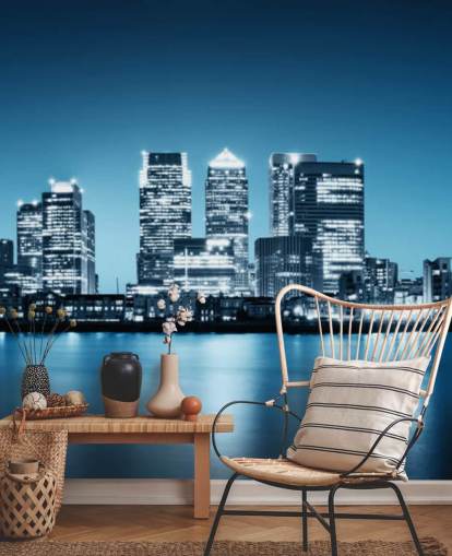blue and white london skyline wall mural called Canary Wharf from Greenwich for offices