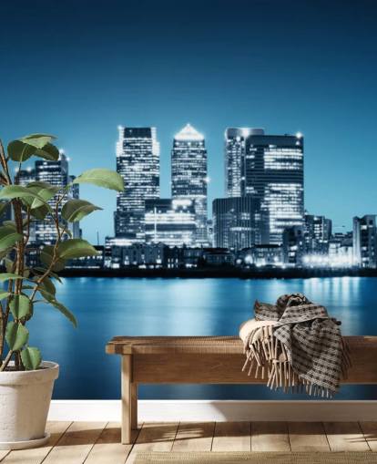 blue and white london skyline wall mural called Canary Wharf from Greenwich for offices
