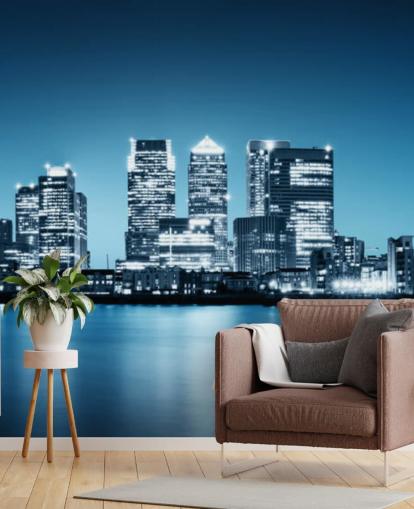 mural de pared azul y blanco del horizonte de Londres llamado Canary Wharf de Greenwich para oficinas