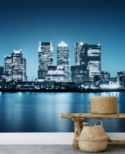 blue and white london skyline wall mural called Canary Wharf from Greenwich for offices